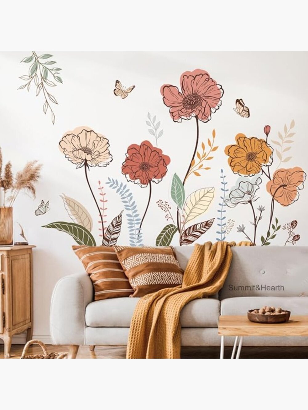 Boho Floral Wall Stickers, Peel & Stick Decals for Home Decor, 35x12 Inch